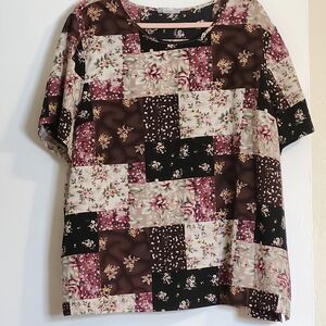 Blair Floral Patchwork Short Sleeve Top in Brown, Pink and Cream